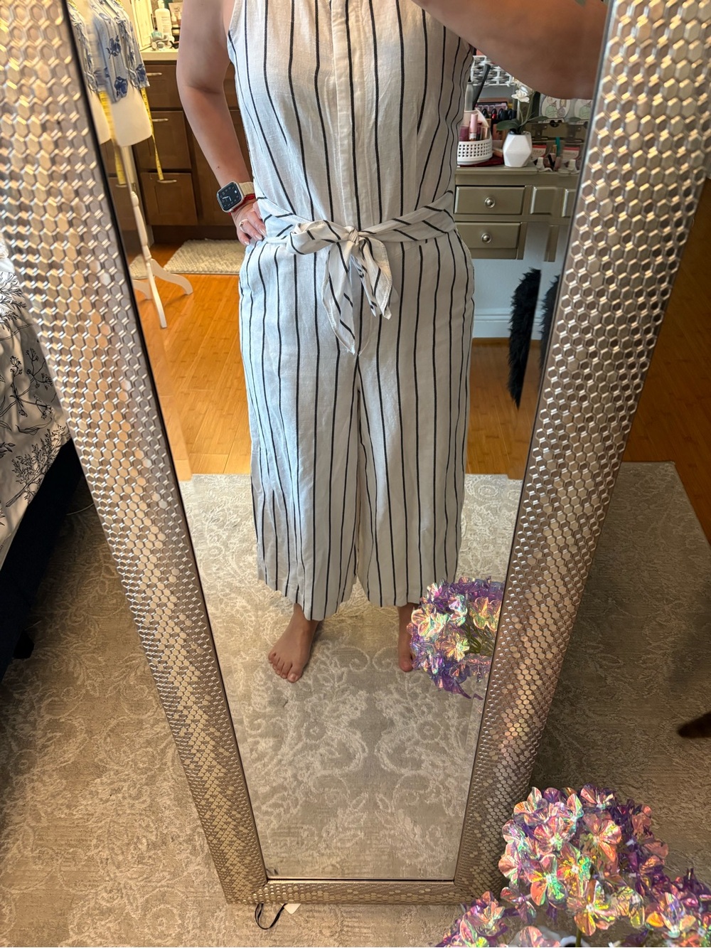 Banana Republic White Sleeveless Striped Tie-Waist Jumpsuit